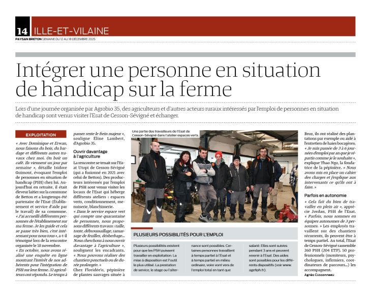 Article de presse Paysan Breton sur l'intégratio des personnes en situation sur la ferme avec Produit en Utopi et Agrobio35