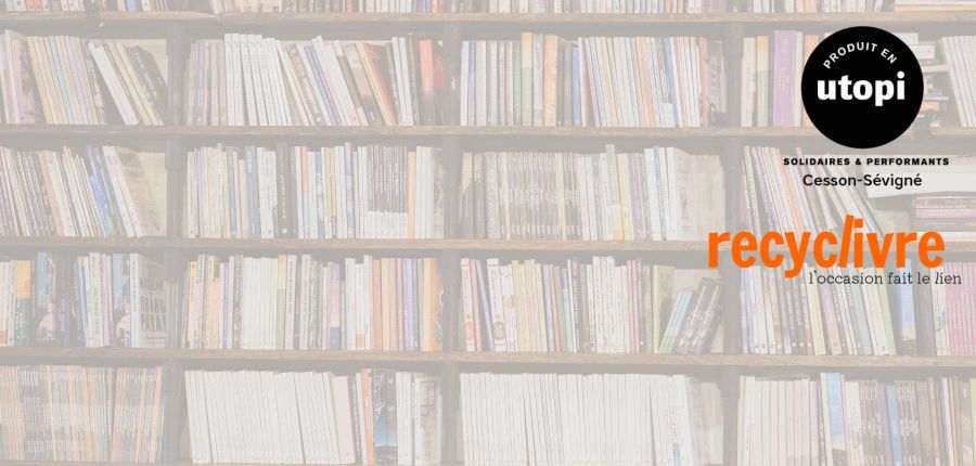 Bannière présentant le partenariat entre Produit en Utopi et Recyclivre, avec un fond de bibliothèque et les logos des deux acteurs engagés pour le réemploi des livres.